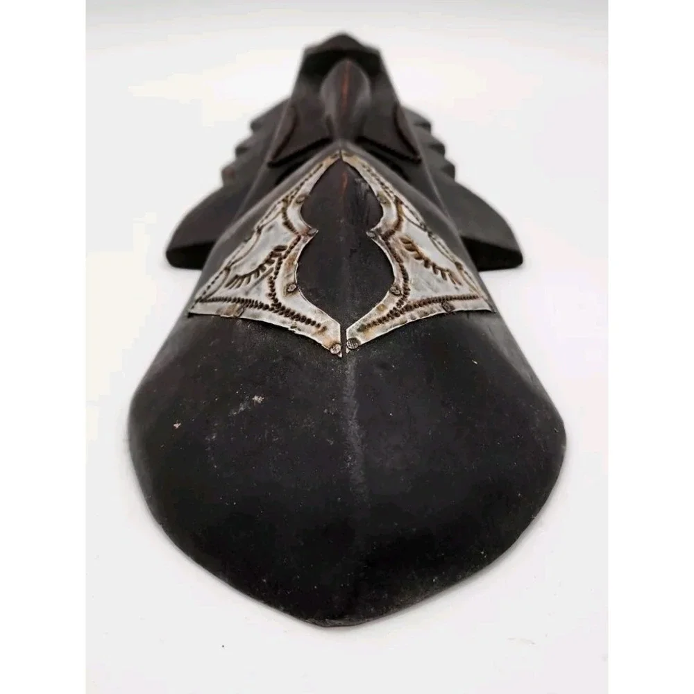 Wooden Hand Carved Beautiful And Hammered Metal Ghana Mask 14 1/2